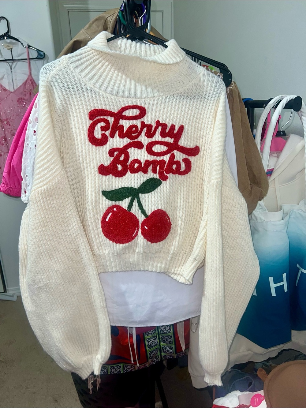 ROMWE White Knit Sweater with Red Cherry Bomb